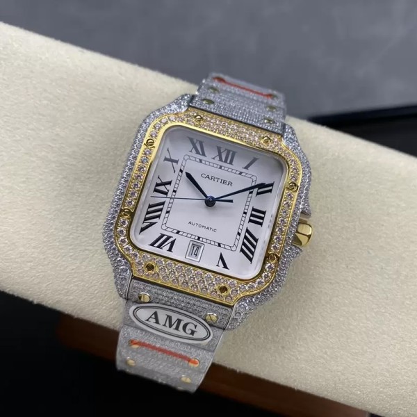 AMG공장 까르띠에 산토스 버스트다운 화이트 다이얼 옐로우골드 콤비 40mm